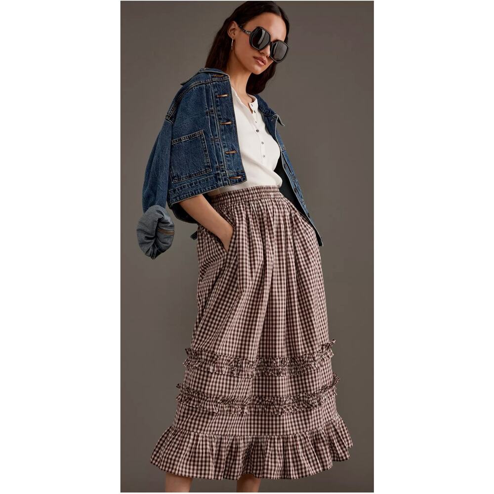 Damson Madder Rina Ruffle Midi Skirt Gingham Print Size US 6 - Picture 3 of 11